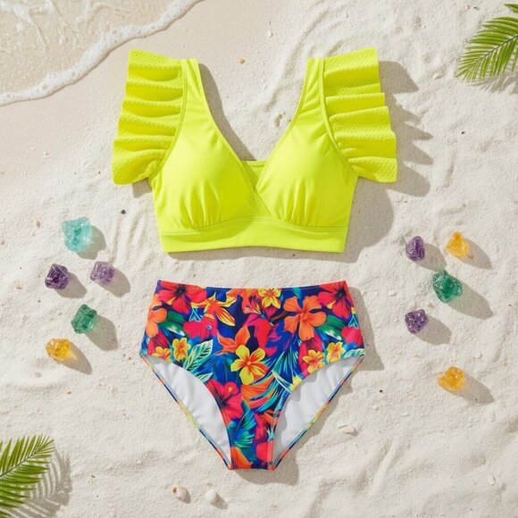 🆕Boho Chic Plus Size Yellow Ruffle Tankini Set High Rise Tropical Floral Bottom - Picture 3 of 15